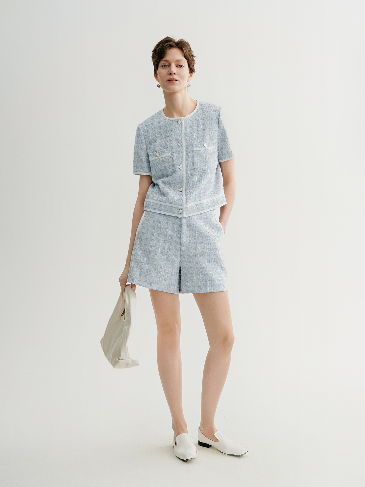 Crew Neck Short Sleeve Tweed Jacket