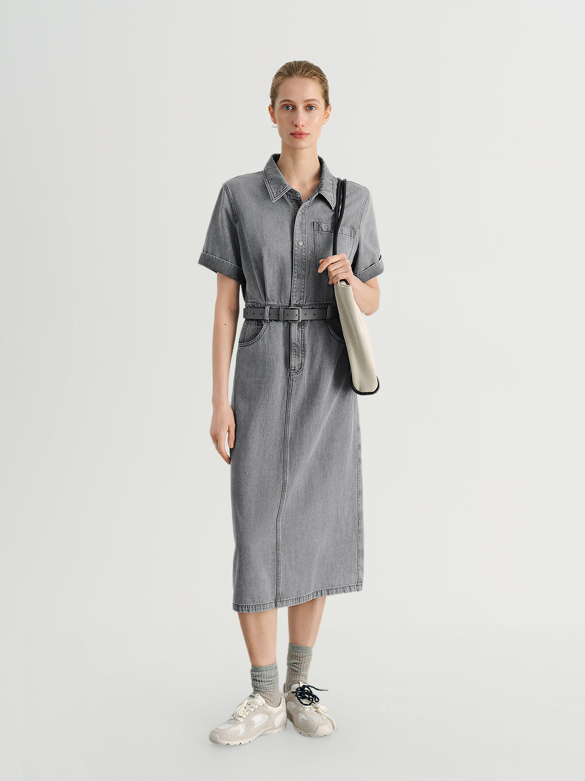Denim Midi Dress with Belt