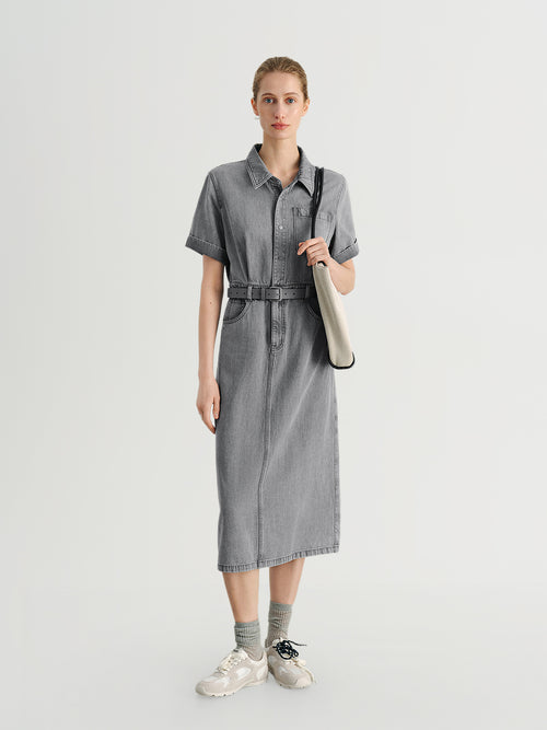 Load image 1 in gallery view. Denim Midi Dress with Belt