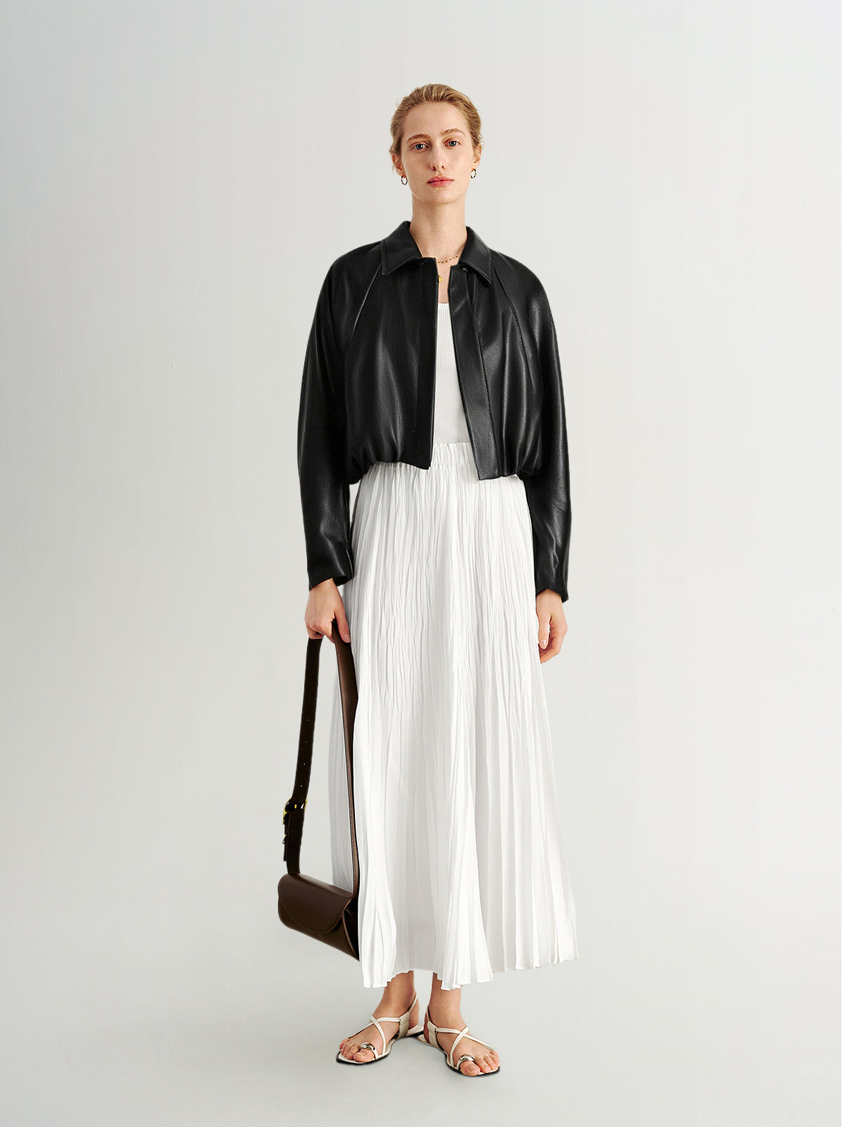 Cropped Leather Jacket with Stand Collar