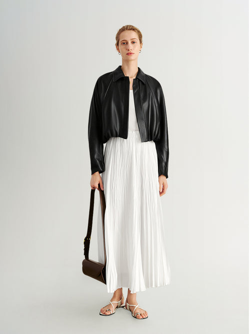 Load image 1 in gallery view. Cropped Leather Jacket with Stand Collar