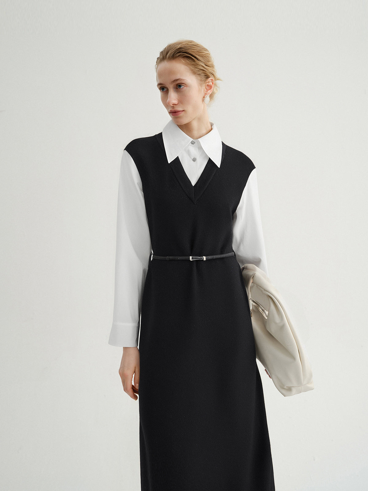 Wool Knit Vest Long Sleeve Shirt Dress