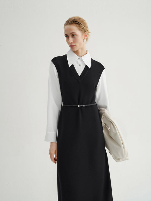 Load image 1 in gallery view. Wool Knit Vest Long Sleeve Shirt Dress