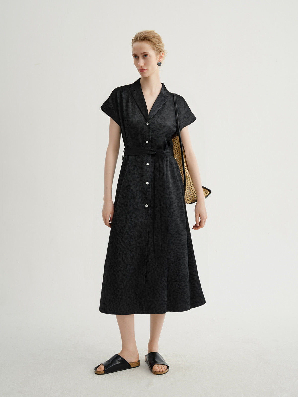 Collared V Neck Pure Silk Dress