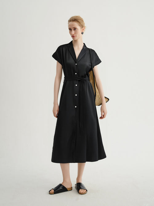 Load image 1 in gallery view. Collared V Neck Pure Silk Dress