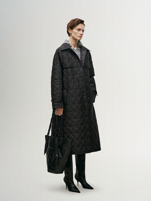 Load image 1 in gallery view. Lapel Collar Quilted Maxi Jacket