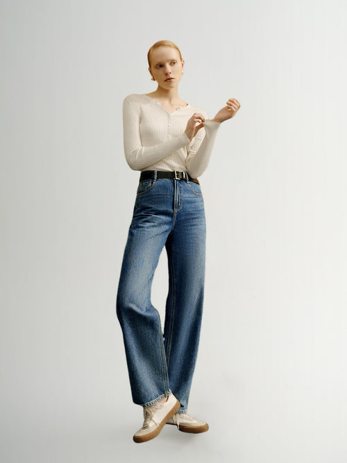 Load image 1 in gallery view. Straight Fit Pure Cotton Jeans