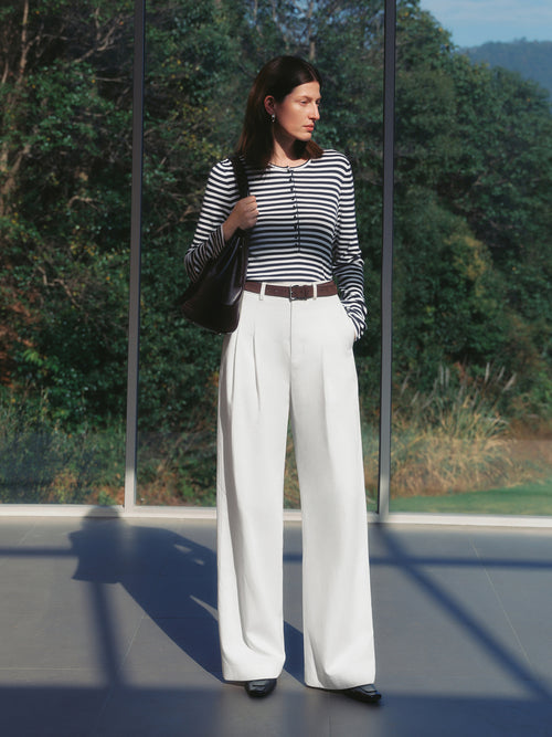 Load image 1 in gallery view. Lightweight Navy and White Striped Knit Crewneck Sweater