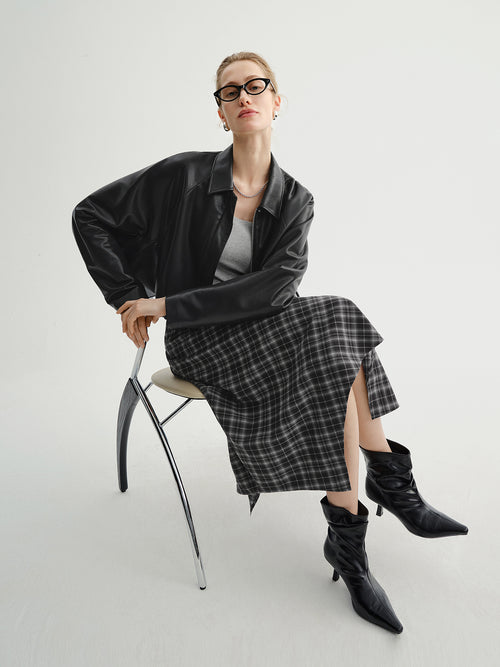 Load image 1 in gallery view. Cropped Leather Jacket with Stand Collar