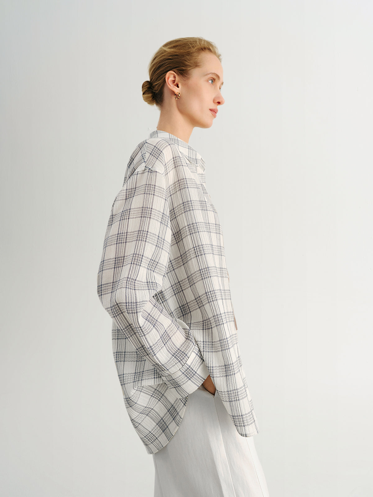Relaxed-Fit Drop-Shoulder Long-Sleeve Plaid Lapel Shirt