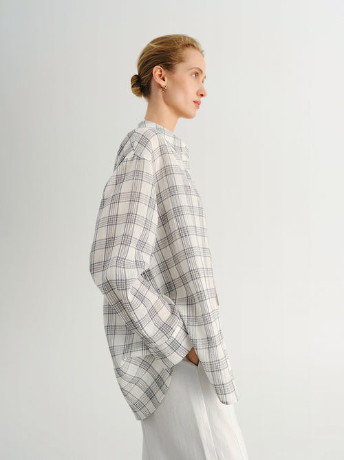 Load image 1 in gallery view. Relaxed-Fit Drop-Shoulder Long-Sleeve Plaid Lapel Shirt