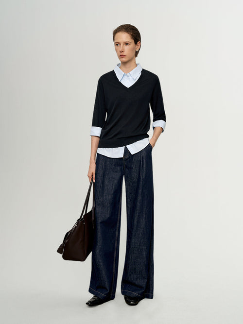 Load image 1 in gallery view. V-Neck Knit Sweater Shirt Two-in-One Design