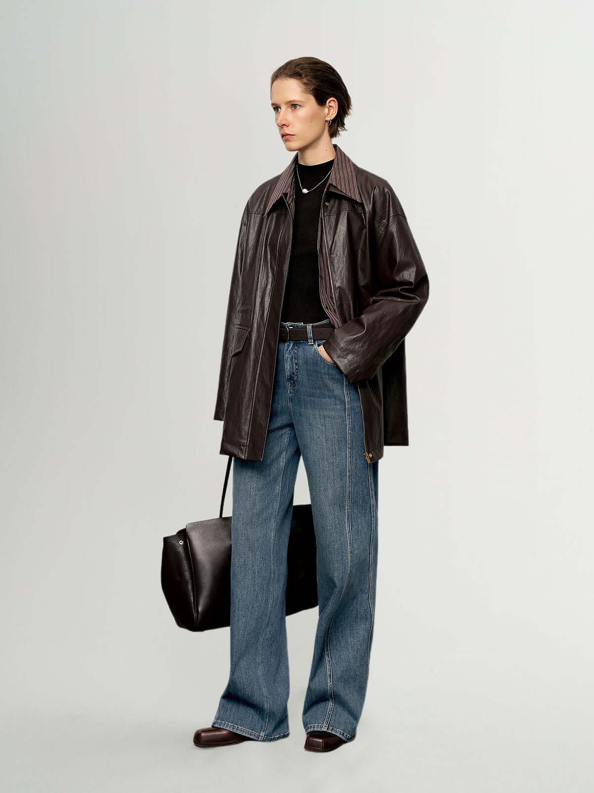 Shirt-Collar Drawstring Leather Jacket