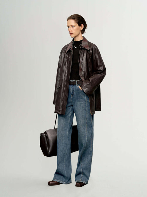 Load image 1 in gallery view. Shirt-Collar Drawstring Leather Jacket