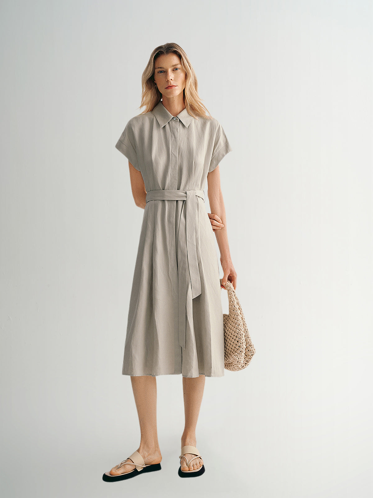 Short Sleeves Lyocell Tie Belt Dress