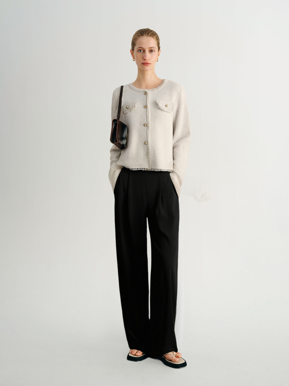 Metallic Thread Crewneck Knit Cardigan