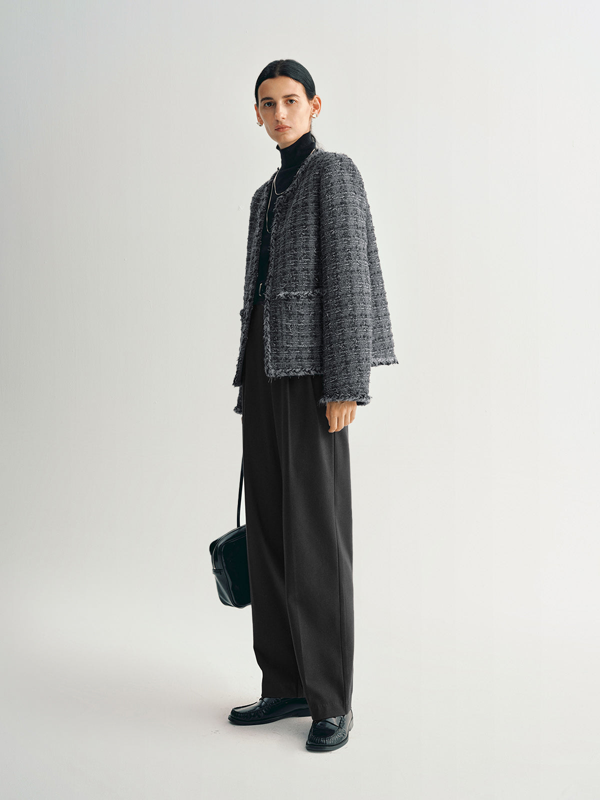 Wool Blend Trim Tweed Jacket