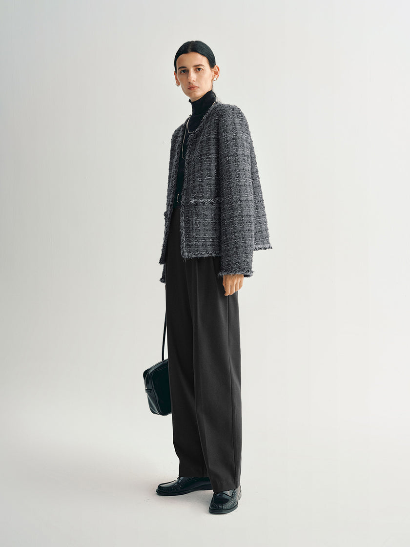 Wool Blend Trim Tweed Jacket