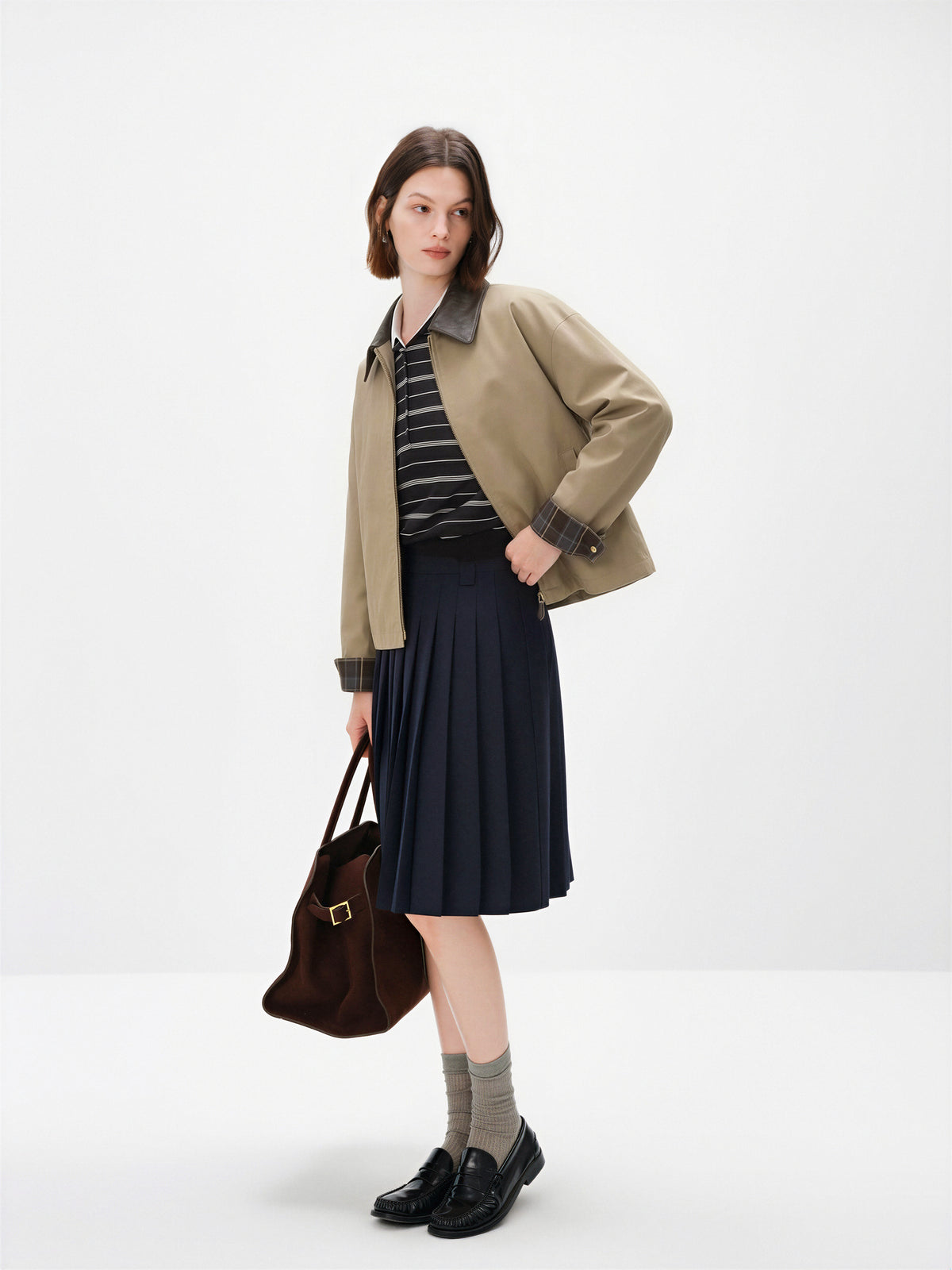 Contrast Leather Collar Zip Jacket