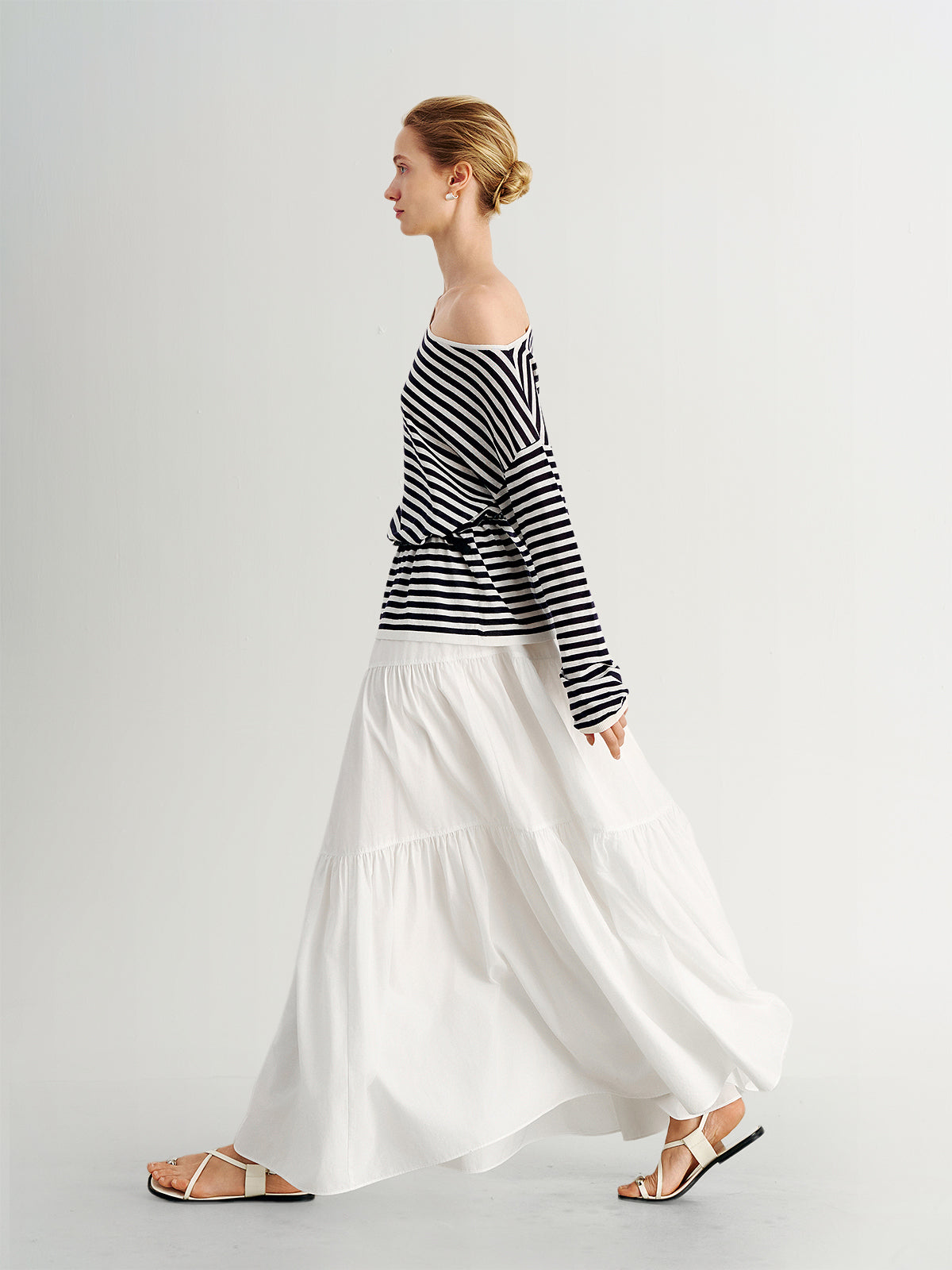 Striped Lyocell One-Shoulder Long-Sleeve Top
