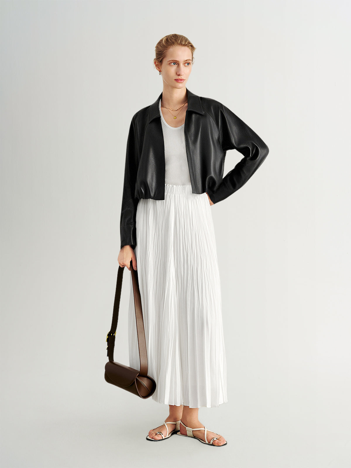 Cropped Leather Jacket with Stand Collar