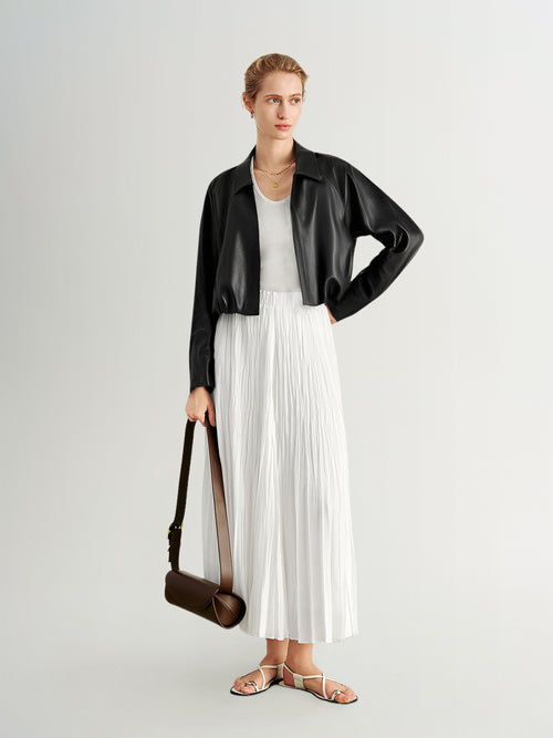 Load image 1 in gallery view. Cropped Leather Jacket with Stand Collar