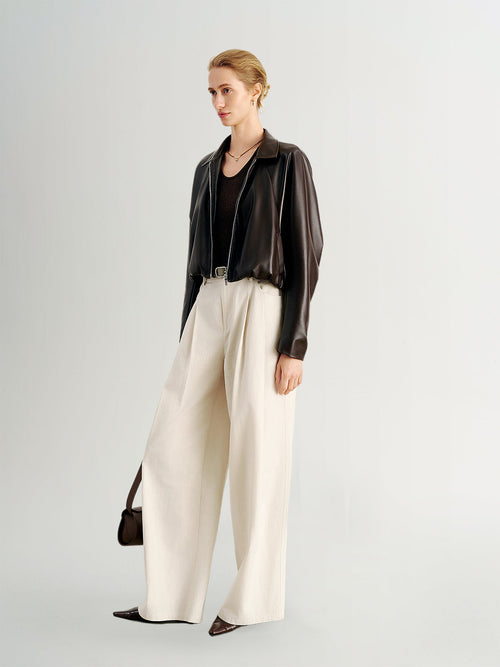 Load image 1 in gallery view. Cropped Leather Jacket with Stand Collar