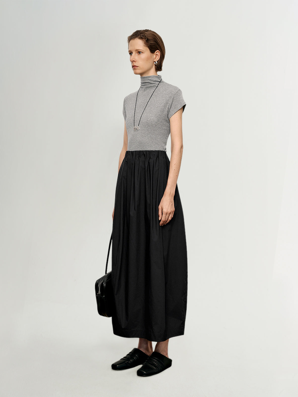 Lyocell Structured Shoulder Mock Neck Short Sleeve Top
