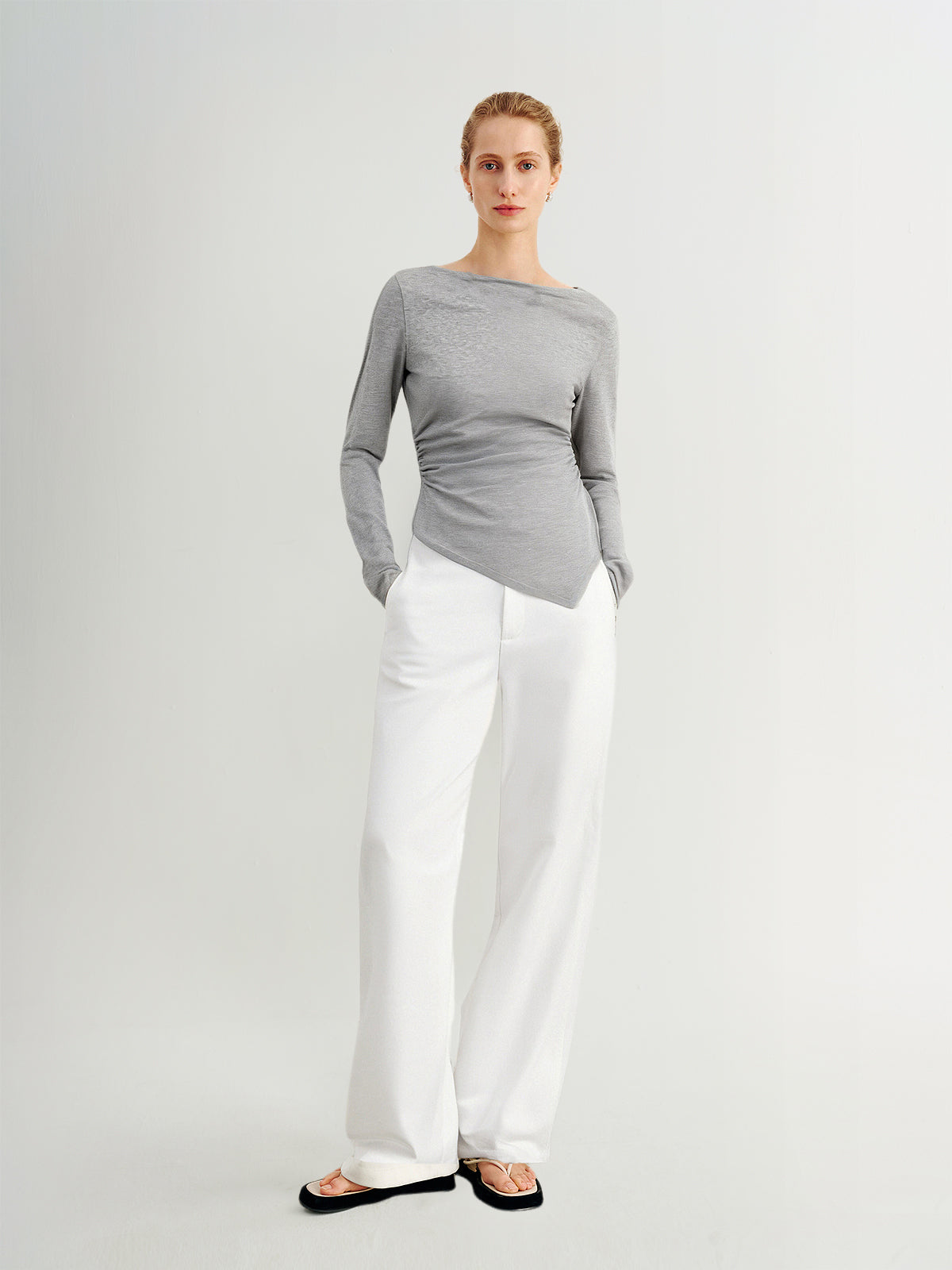 Gray Boat-Neck Fitted Top