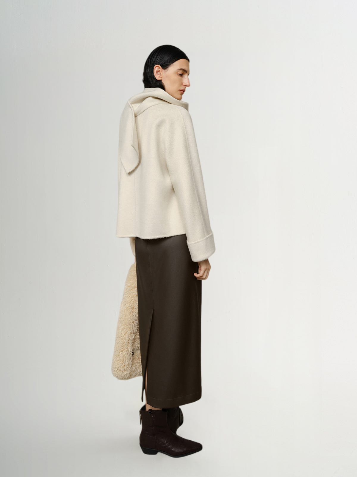 Camel Wool Cropped Coat with Scarf