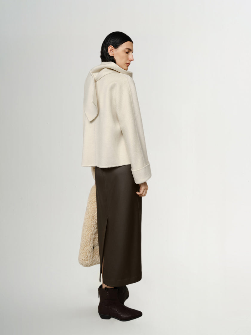 Camel Wool Cropped Coat with Scarf