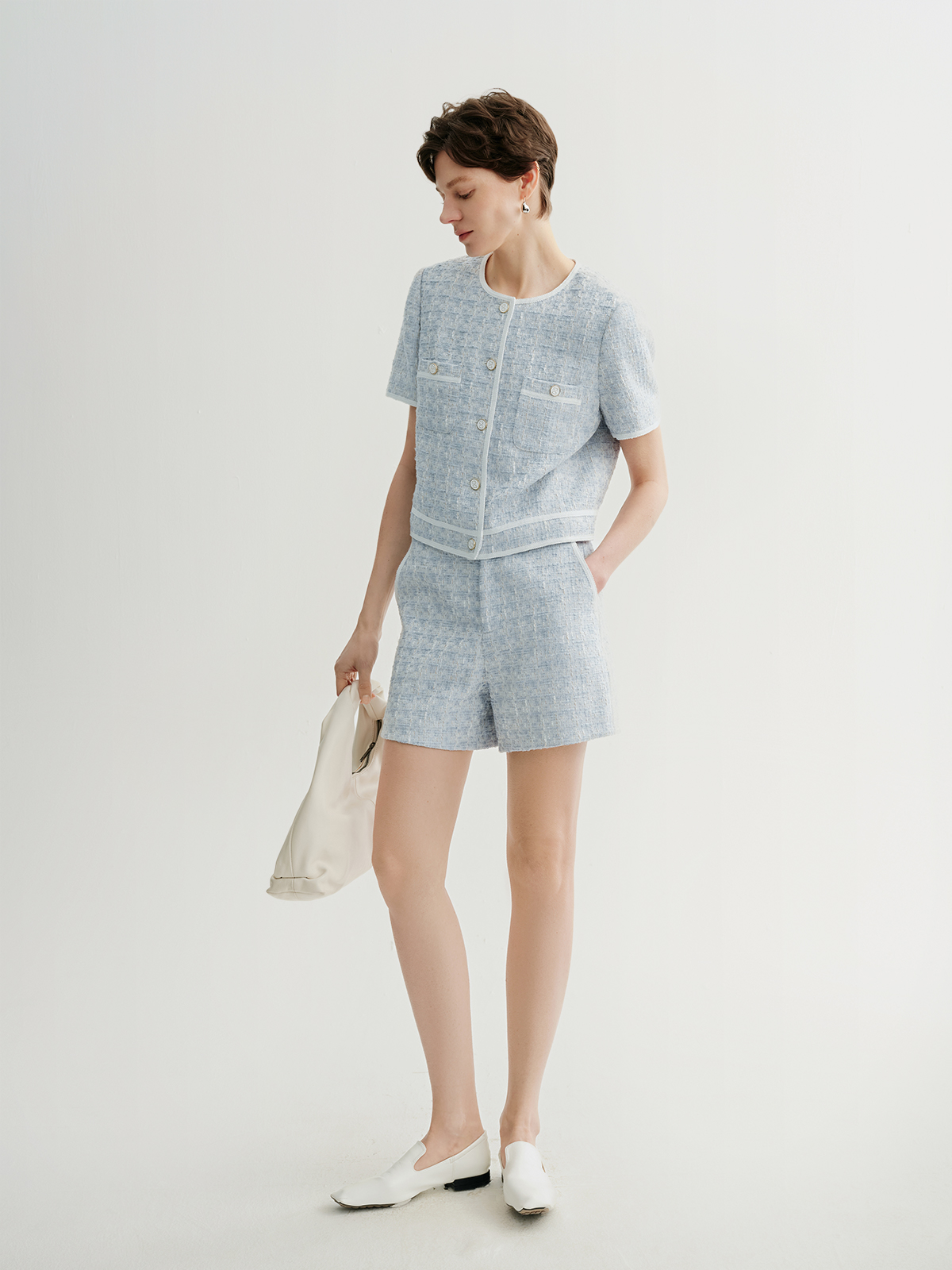 Crew Neck Short Sleeve Tweed Jacket