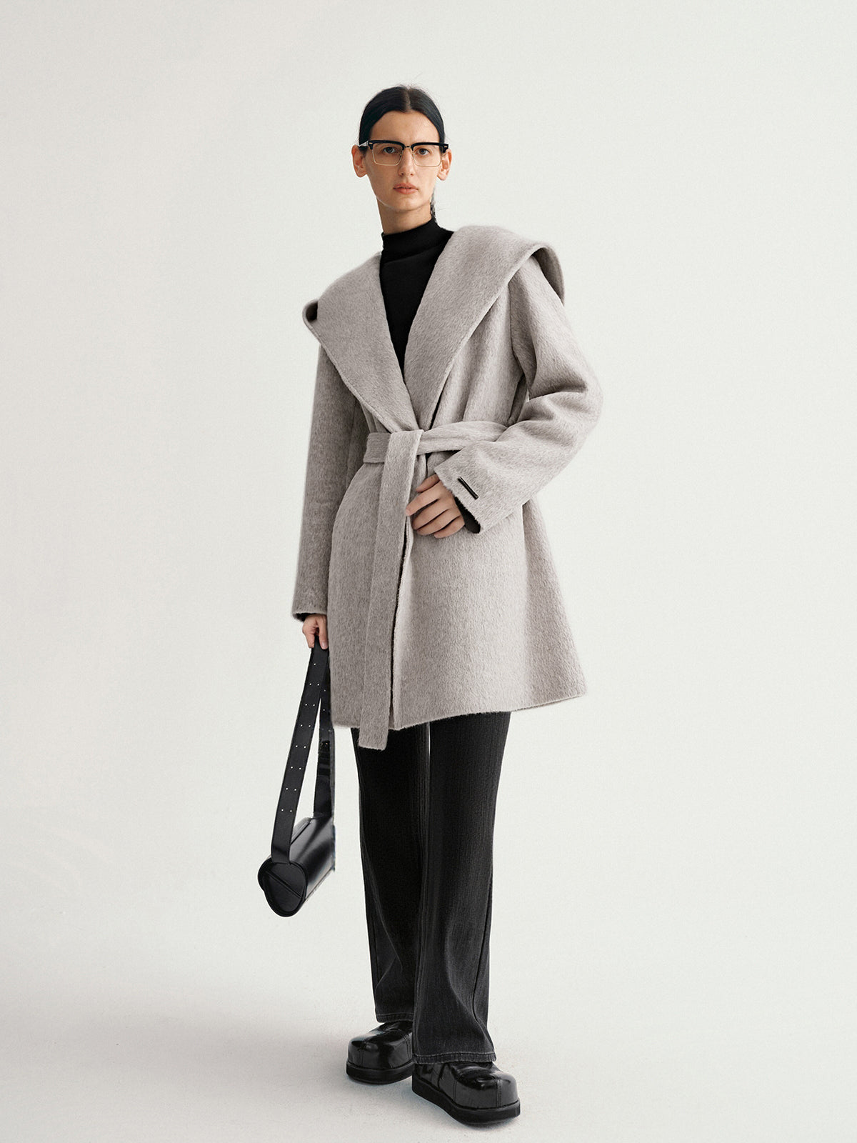 Gray Wool Hooded Tie-Belt Midi Coat