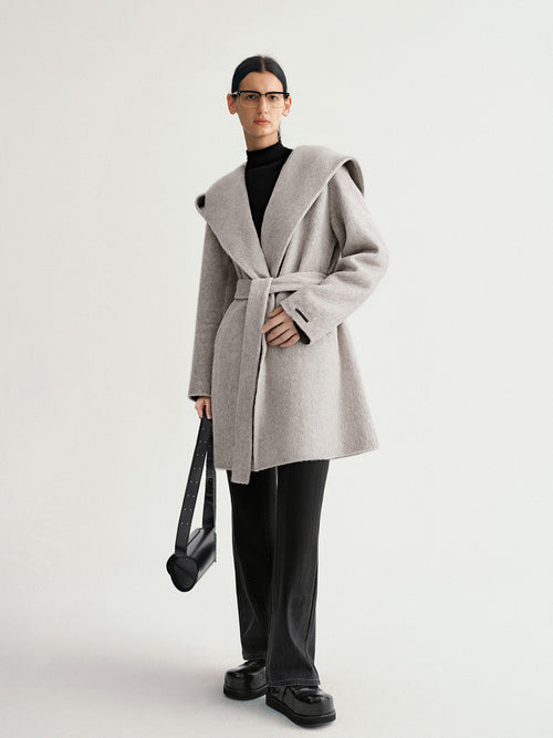 Load image 1 in gallery view. Gray Wool Hooded Tie-Belt Midi Coat
