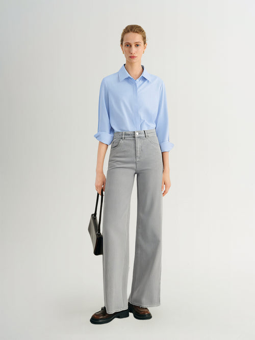 Load image 1 in gallery view. Gray Flared Cotton-Blend Jeans