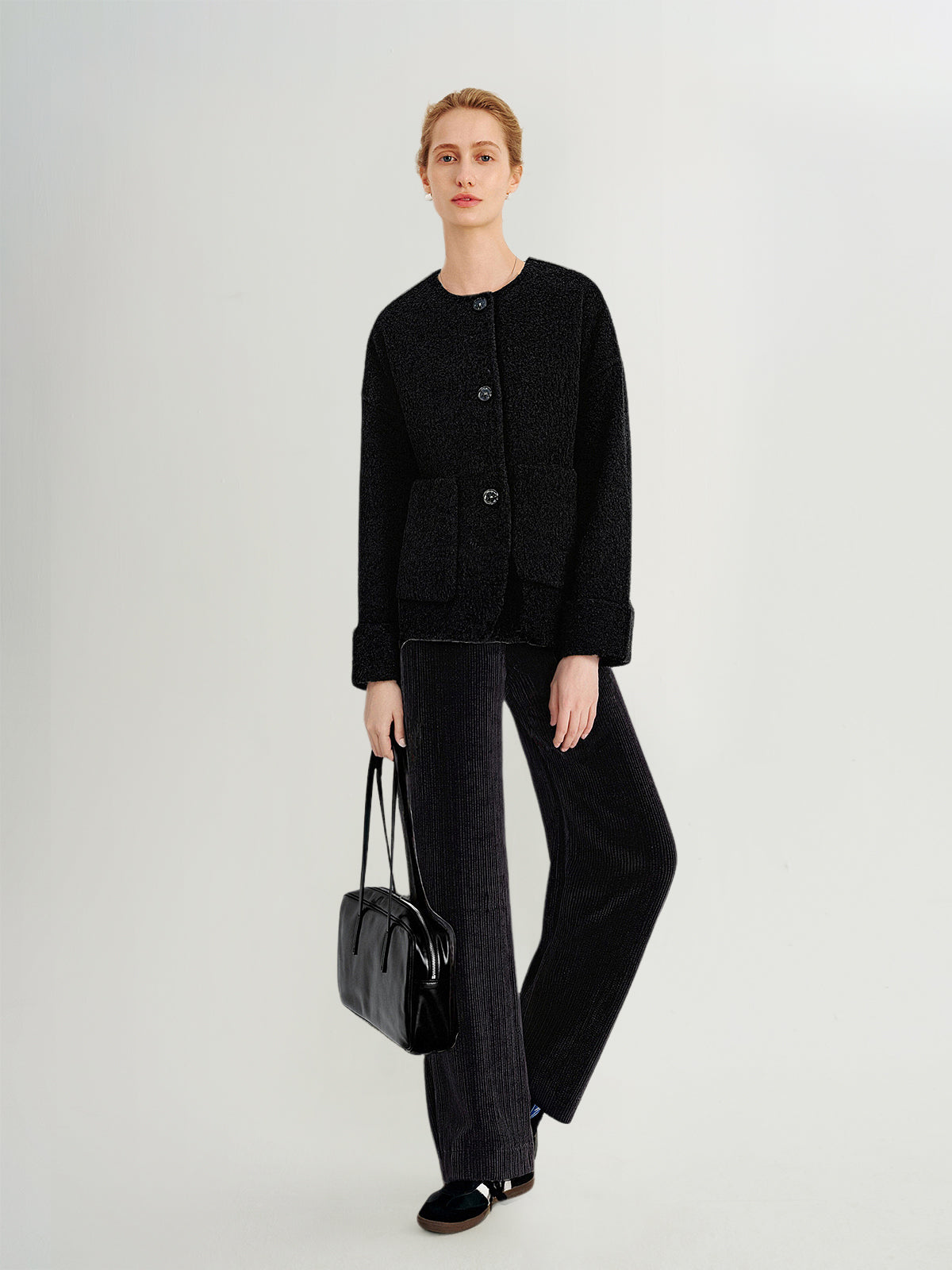 Wool-Camel Blend Round-Neck Short Jacket