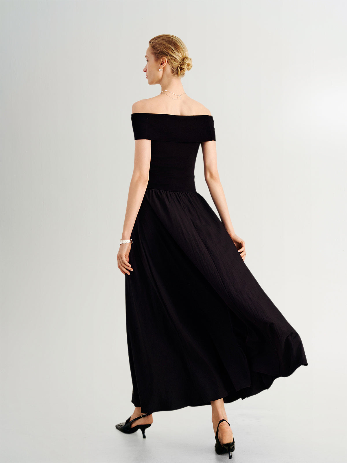 Off-Shoulder Waist-Defined Ankle-Length Dress