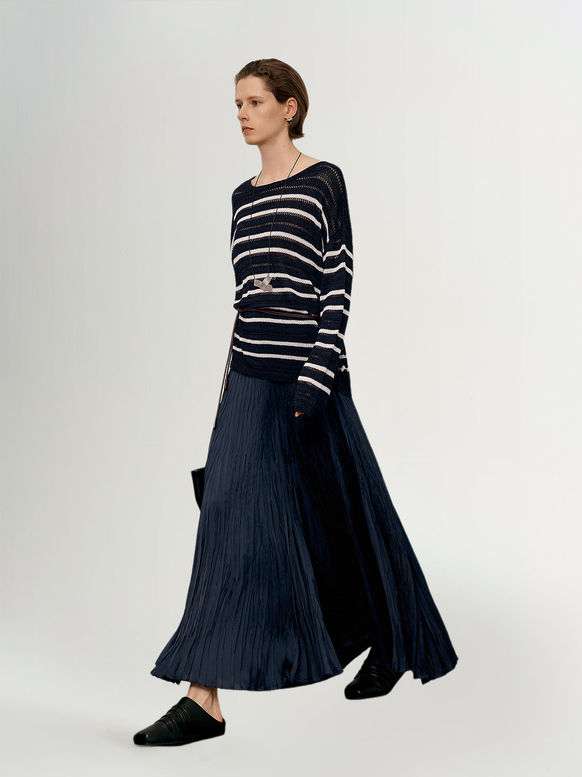 Elastic-Waist Pleated Maxi Skirt