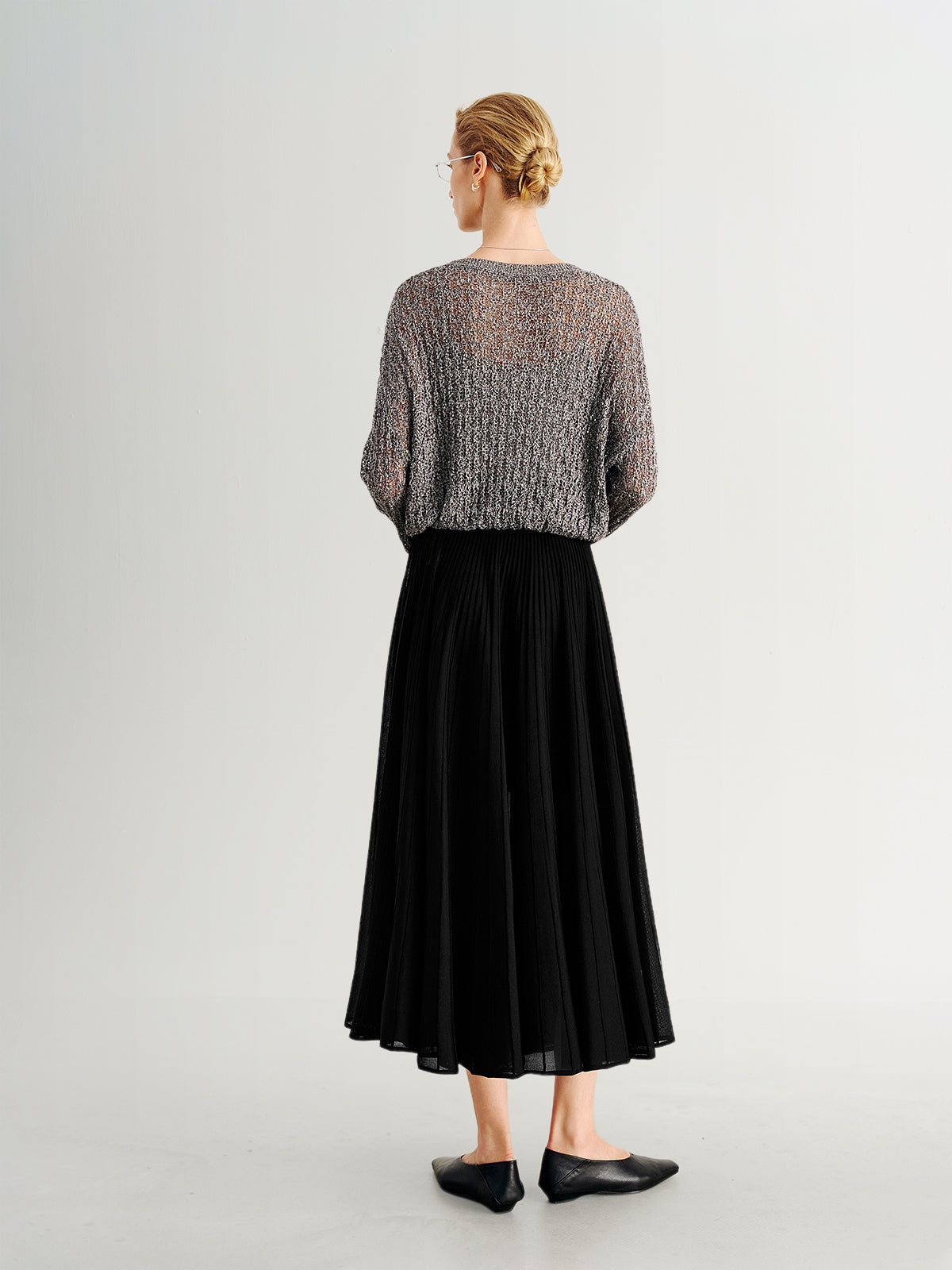 Sheer Pleated Midi Skirt