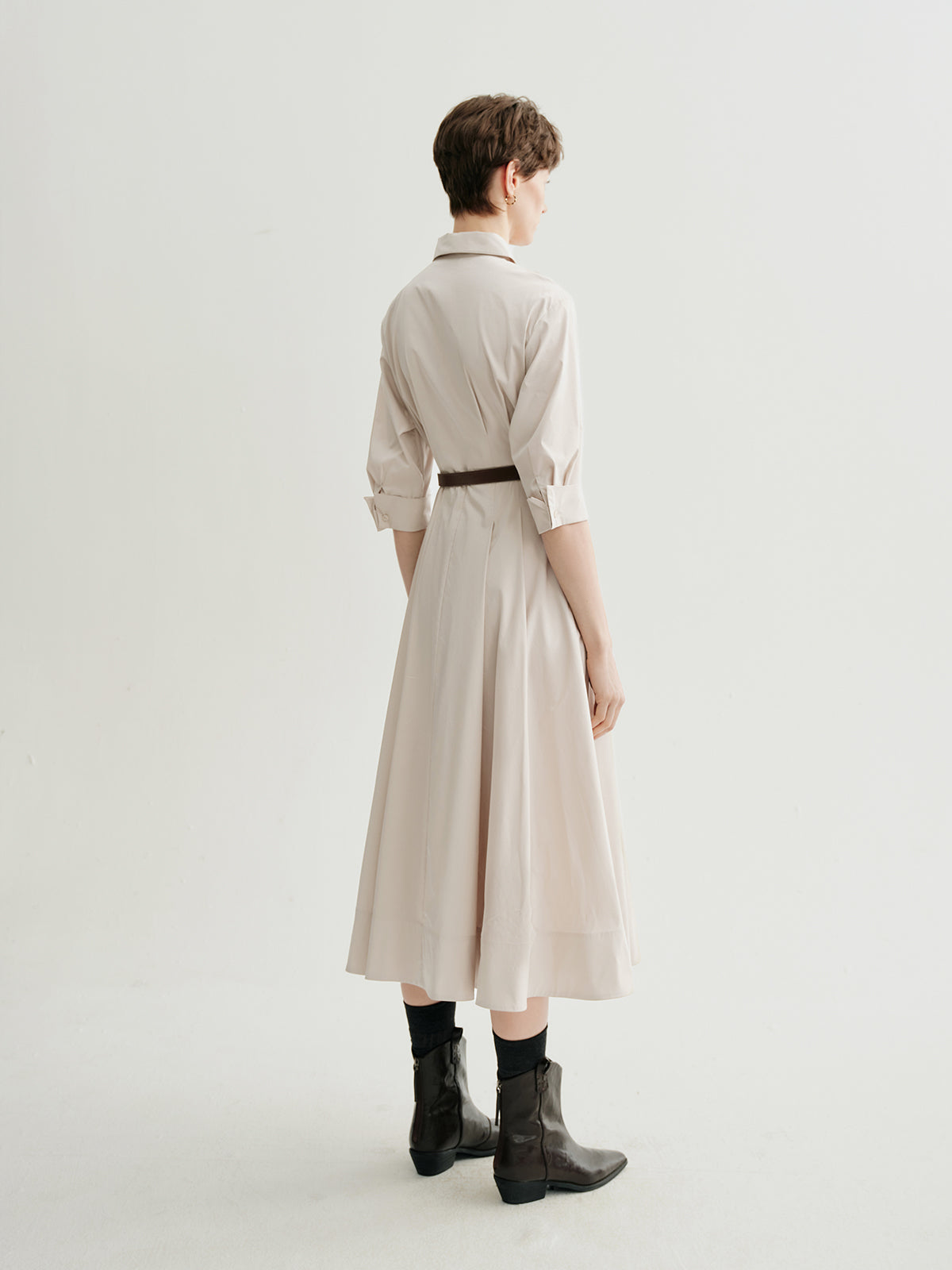 Shirt-Collar Short-Sleeve Midi Dress with Belt
