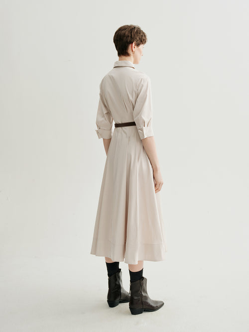 Load image 1 in gallery view. Shirt-Collar Short-Sleeve Midi Dress with Belt