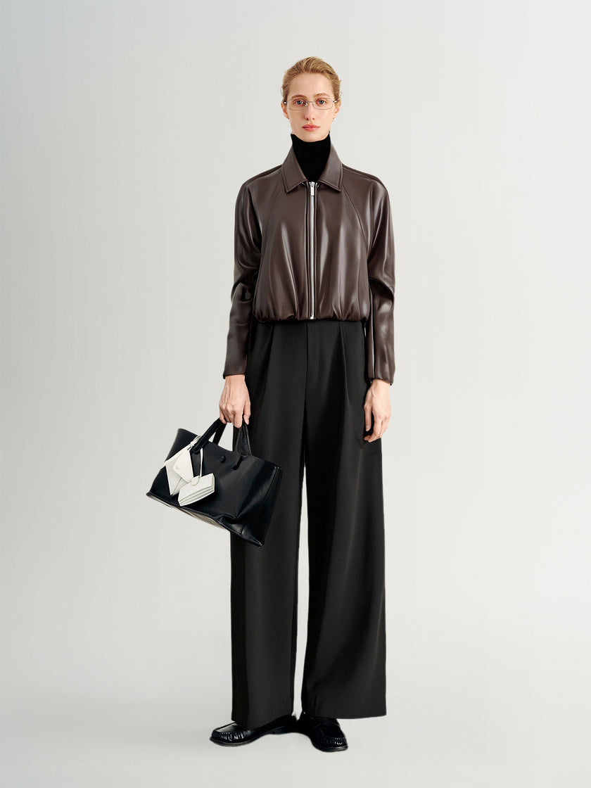 Brown Cropped Leather Raglan Jacket