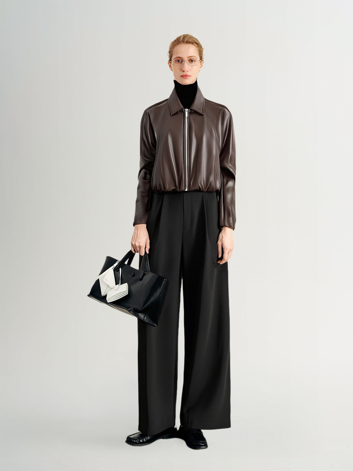 Cropped Leather Jacket with Stand Collar
