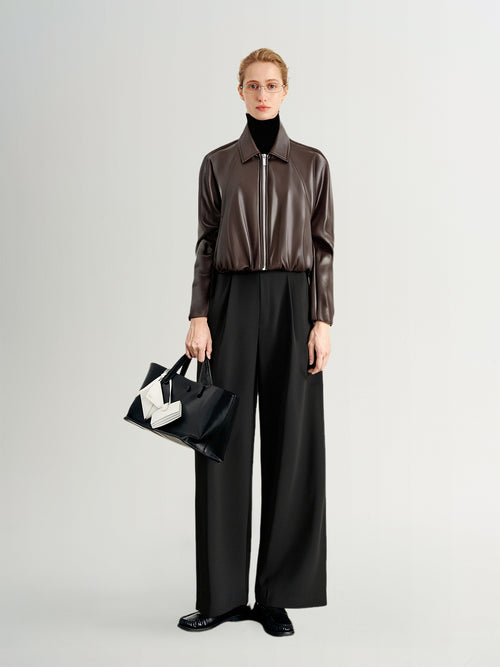 Load image 1 in gallery view. Cropped Leather Jacket with Stand Collar