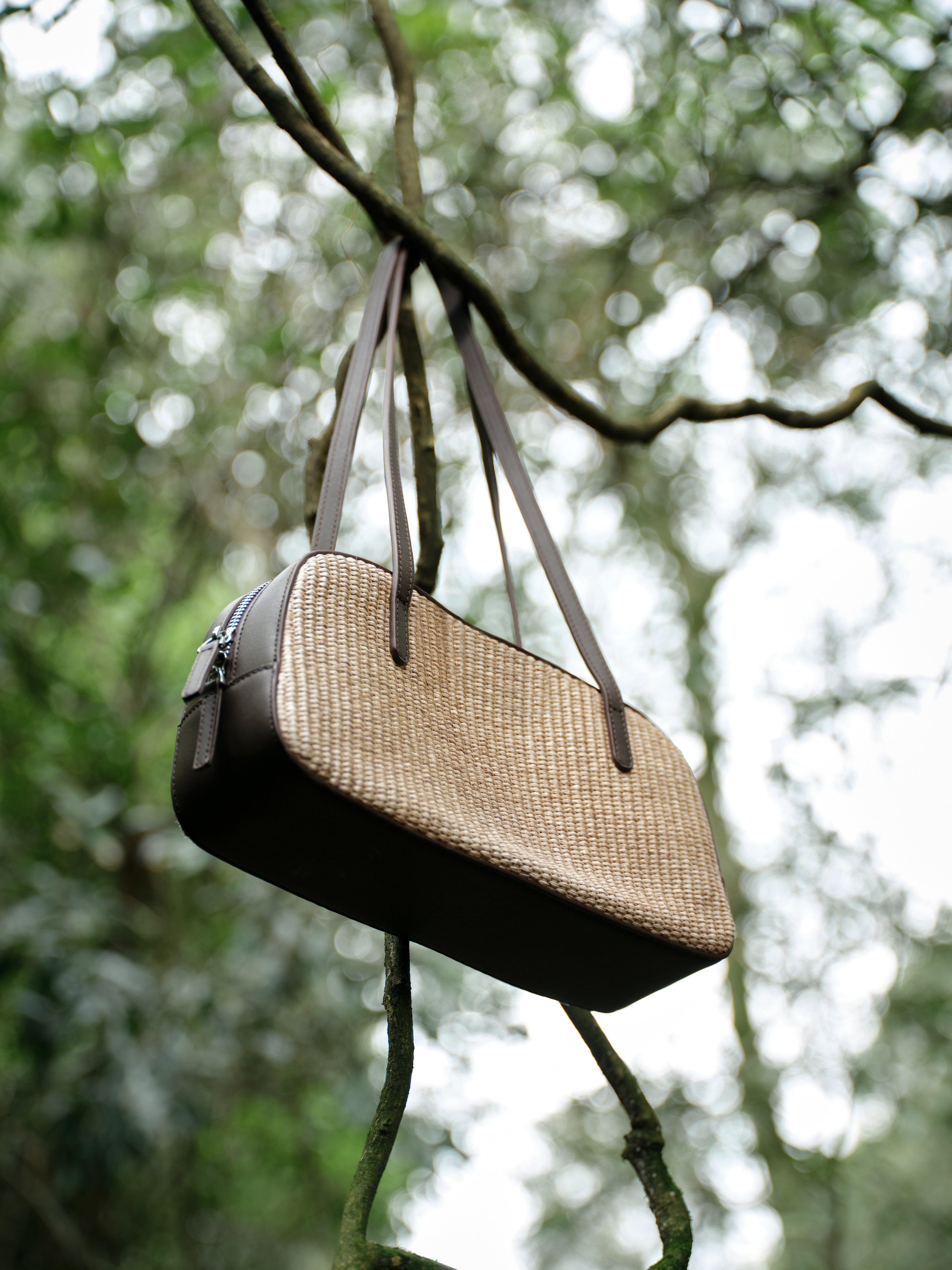 Woven Leather-Trim Shoulder Bag
