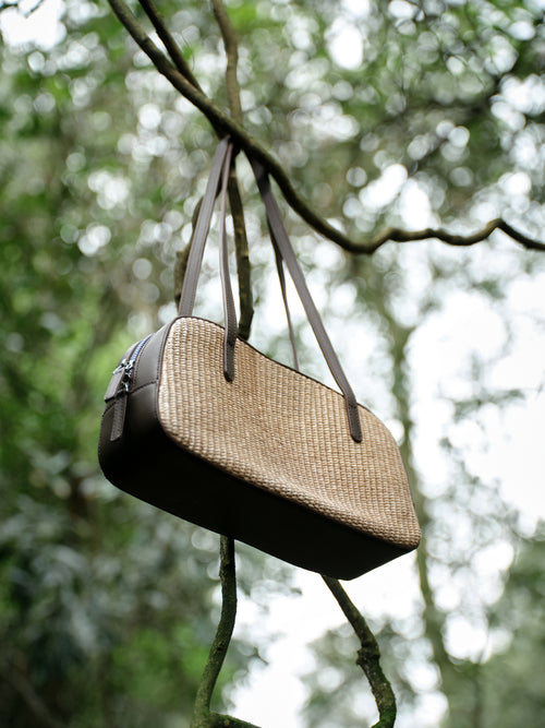 Load image 1 in gallery view. Woven Leather-Trim Shoulder Bag