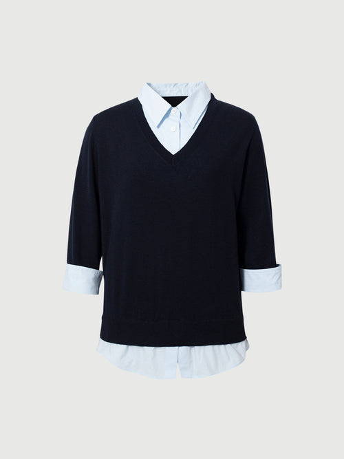 Load image 1 in gallery view. V-Neck Knit Sweater Shirt Two-in-One Design