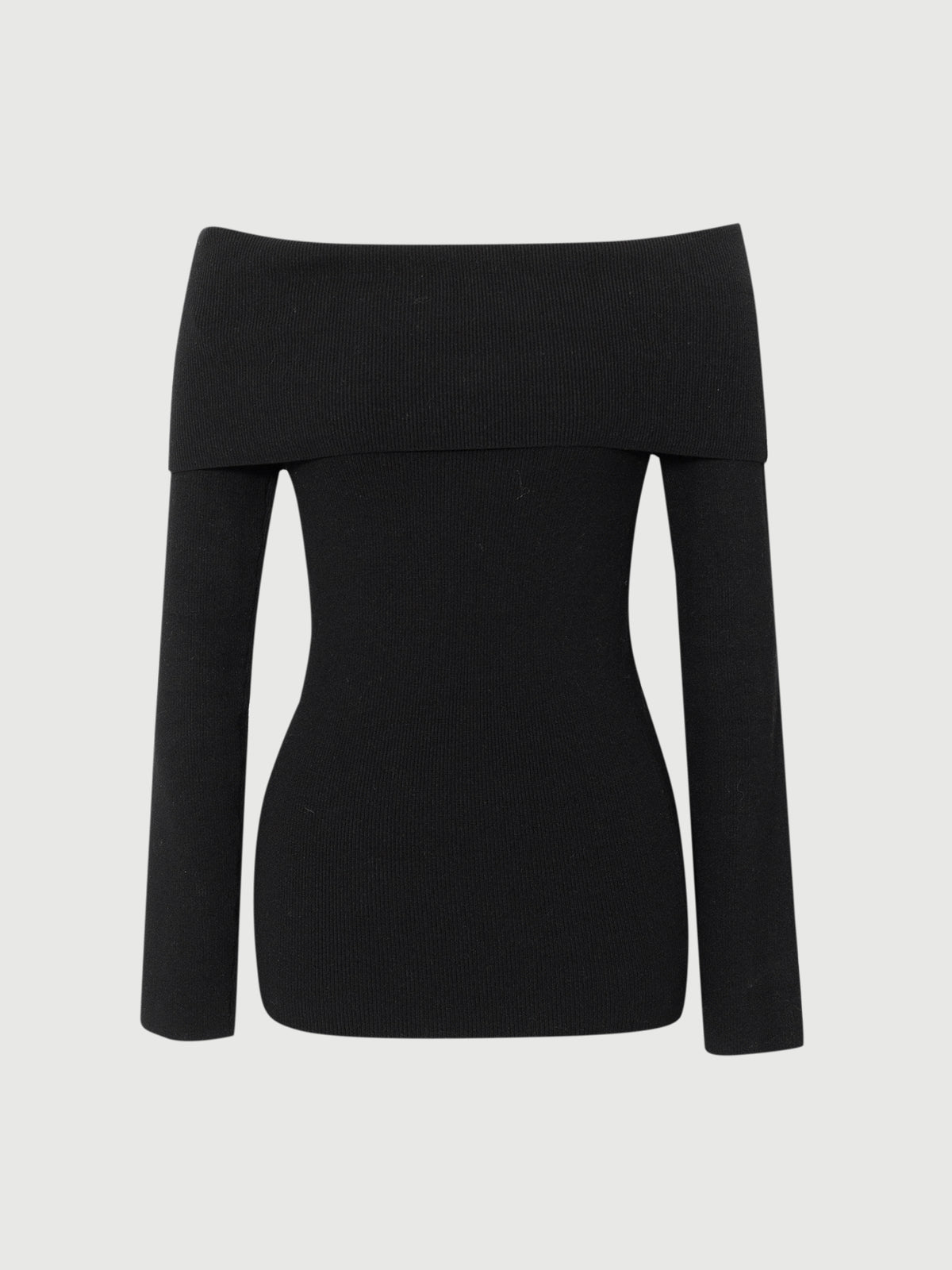 Black off-shoulder top on a light gray background