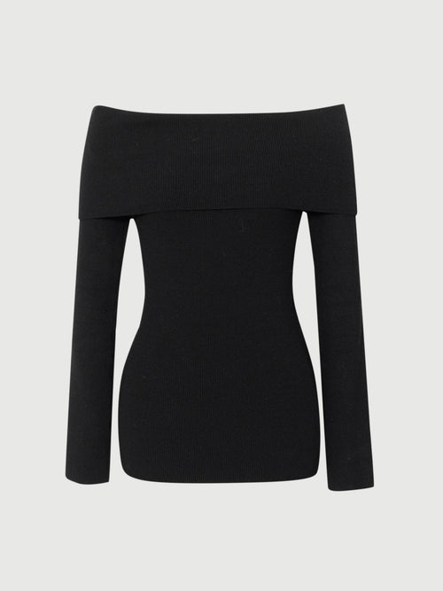 Load image 1 in gallery view. Black off-shoulder top on a light gray background