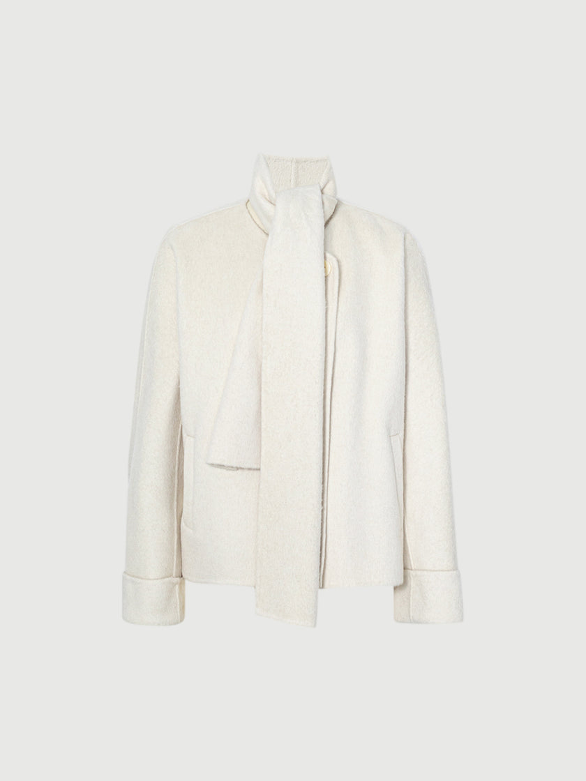 Camel Wool Cropped Coat with Scarf